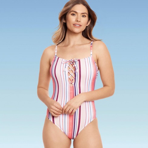 Women S Slimming Control Lace Up One Piece Swimsuit Beach Betty By Miracle Brands Coral Stripe Target