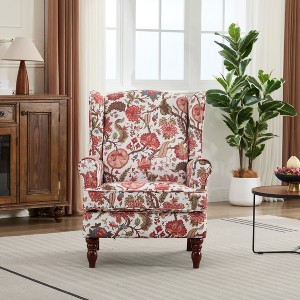 Aortzio Floral Upholstered Wingback Accent Chair,Armchair With Solid Wood Legs - 1 of 4