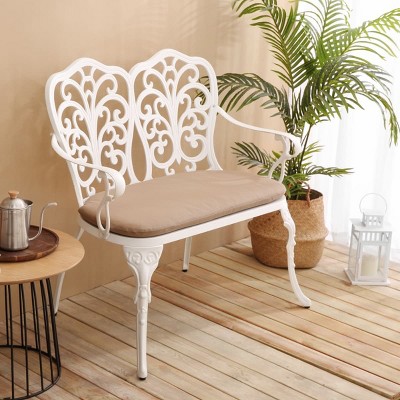 Outdoor Garden Bench with Floral Backrest Patio Park Bench with Cushion Decorative Metal Seating for Porch Lawn or Yard Outdoor Furniture-The Pop Home