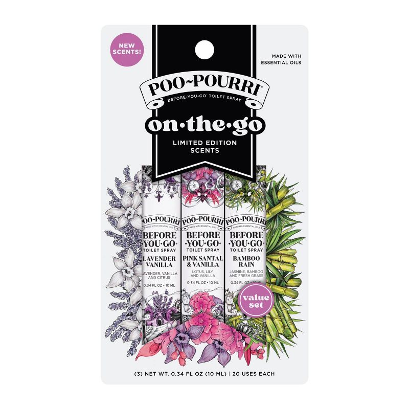 Poo-Pourri On-The-Go 3pk 10ml Toilet Spray Lavender Vanilla, Vanilla Petals Santal and Bamboo Rain, 1 of 3