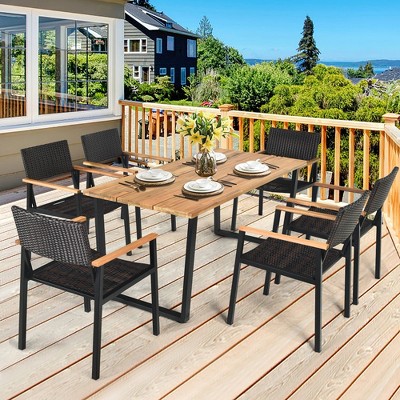 Acacia Wood and Black Metal 6-Person Outdoor Dining Set with Rattan Chairs