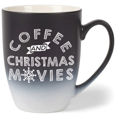 Elanze Designs Coffee And Christmas Movies Two Toned Ombre Matte Black and White 12 ounce Ceramic Stoneware Coffee Cup Mug