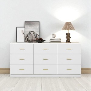 Mshliw Modern 9 Drawer Dresser for Bedroom with Golden Handles, Wide Chest of Drawers for Clothes Storage, Sturdy Engineered Wood Cabinet - 1 of 4