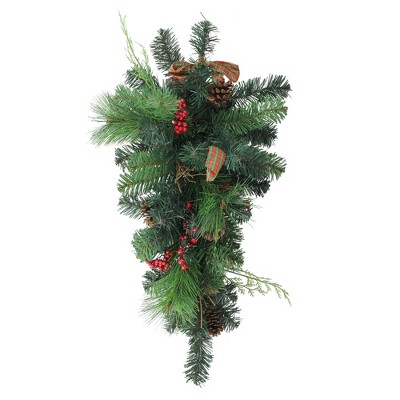 Northlight 24" Unlit Green Foliage, Pinecones and Berries with Tartan Ribbon Christmas Teardrop Swag