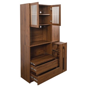 YOOCOZZ 70.87" Tall Kitchen Pantry Cabinet with Multi-functional Pull-out Multi-tier Storage Shelf,4-Tier Side Shelf, 2 Drawers and Glass Door-Walnut - 1 of 4