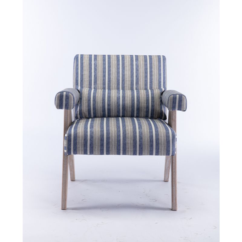 Megan 27.56" Wide Striped Upholstered Seat and Lumbar Pillow With Oak "V" Shape Solid Wood Legs Accent Chair With Arm Pads-The Pop Home, 5 of 10