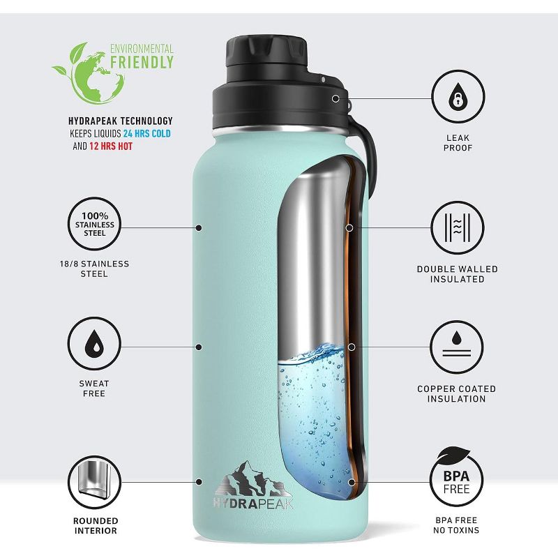 Hydrapeak 32oz Water Bottle Stainless Steel Insulated Thermal With A Leak Proof Chug Lid & Handle, 4 of 10