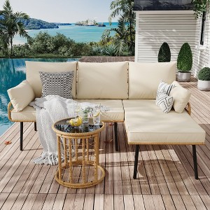 3-Piece Patio Furniture Set Conversation Rattan Set with L-Shaped Lounge Seat with Soft Pillow Cushion, Side Table, Glass Coffee Table - 1 of 4