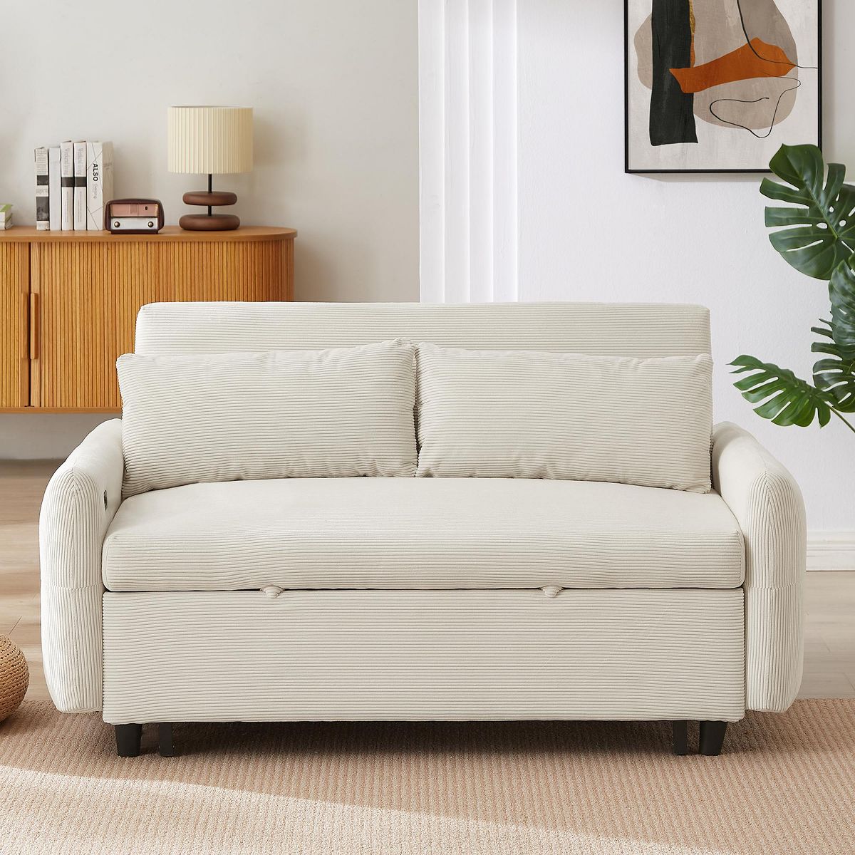 57"W Pull-out Sleeper Sofa Bed, Convertible Loveseat Sofa Couch with Two Throw Pillows and USB Ports, Beige -ModernLuxe