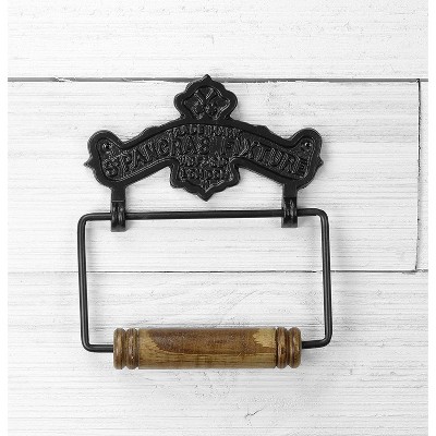 Vintage Black Cast Iron and Wood Wall Mount Toilet Paper Holder