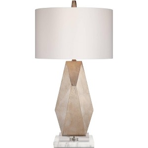 Possini Euro Design Modern Table Lamp with White Marble Riser 32 1/2" Tall Sculptural Champagne Gold Off-White Drum Shade for Bedroom Living - 1 of 4