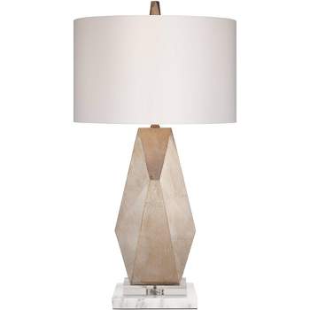 Possini Euro Design Modern Table Lamp with White Marble Riser 32 1/2" Tall Sculptural Champagne Gold Off-White Drum Shade for Bedroom Living