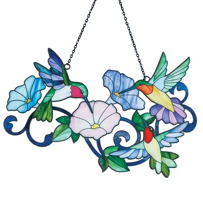 Collections Etc Hanging Hummingbird Hydrangea Stained Glass Design Décor MEDIUM