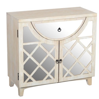 Mango Wood Cabinet with Mirrored look Steel Insert Door Storage Beige - The Urban Port