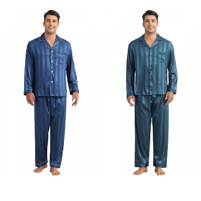 INSPIRE CHIC Men's 2 Pack Satin Pajamas Set Casual Long Sleeve Striped Button Sleepwear