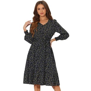 Allegra K Women's Floral V Neck Belt Waist Long Sleeve Flowy Flare Chiffon Midi Dress - 1 of 4