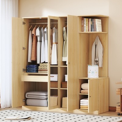 TIRAMISUBEST 4-Door Wardrobe with Storage Shelves, 1 Hidden Drawer, and Full-Length Mirror, Bedroom Armoire Closet with Hanging Rod