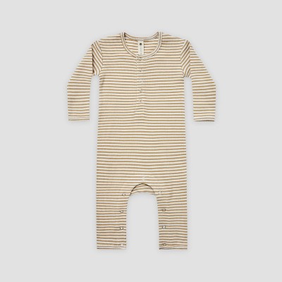 Image of Q by Quincy Mae Baby Striped Rib Long Sleeve Romper - Ivory/Honey Yellow 3-6M