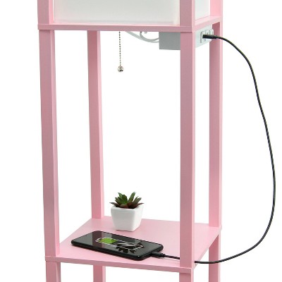 Light Pink Etagere Floor Lamp with USB Ports and Linen Shade