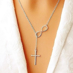 Sterling Silver Plated Infinity Cross Lariat Necklace - 1 of 2