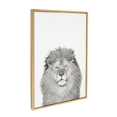 23" x 33" Gold Framed Black and White Lion Canvas Print