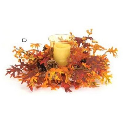 Melrose 14" Bright Red Orange Maple Leaves with Flowers, Berries and Pine Cones Hurricane Glass Candle Holder