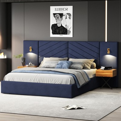 Sapphtopaz Velvet Bed Frame Platform Bed with Vertical Channel Tufted Wingback Headboard, Strong Wooden Slats, No Box Spring Needed