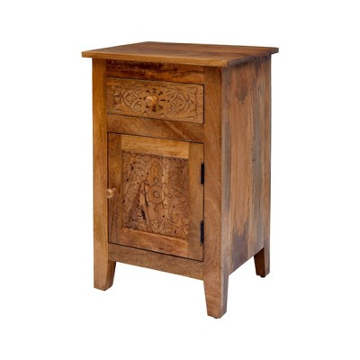 Traditional Hand-Carved Mango Wood Metal Accent Table with Storage