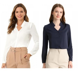 INSPIRE CHIC Women's Elegant V Neck Work Office Button Up Shirt 2 Packs - 1 of 4