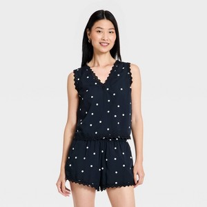 Women's Printed Lace Trim V-Neck Tank Top - A New Day™ Black Polka