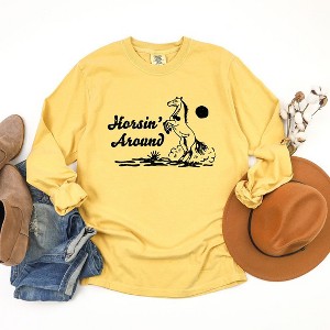 Simply Sage Market Women's Horsin' Around Long Sleeve Garment Dyed Tee - 1 of 2