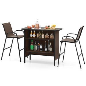 Costway 3 PCS Outdoor Bar Set Bar Height Table & Armchairs with Footrest 2-Tier Shelf Brown/Black/Gray - 1 of 4
