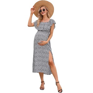 Coolmee Women's Summer Maternity Maxi Dress Off Shoulder Split A Line Casual Long Sundress for Babyshower - 1 of 1