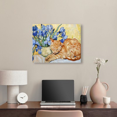 Blissful Nap Orange Cat with Blue Flowers Canvas Wall Art