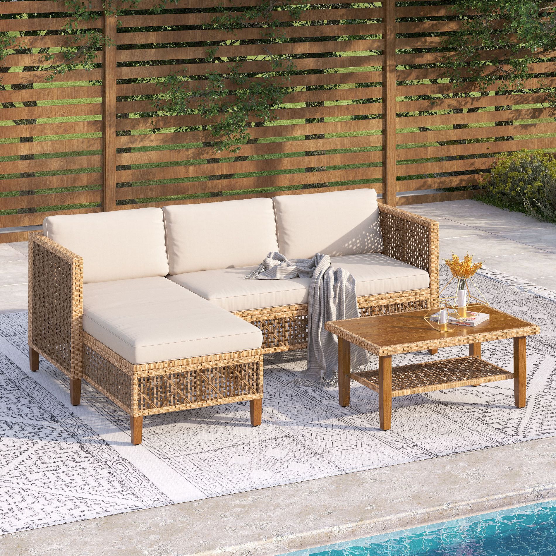 Captiva Designs 3pc Outdoor Patio Bohemian Wicker Conversation Set with Coffee Table