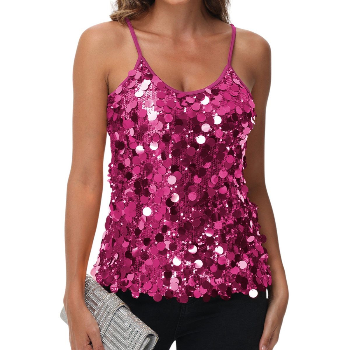 Anna-Kaci Women's Sequin Sleeveless Spaghetti Strap Tank Top with Iridescent Disc Accents - thumbnail 7