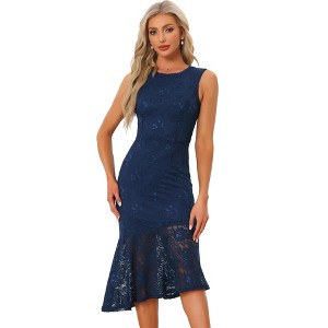 Allegra K Women's Sleeveless Lace Cocktail Asymmetric Hem Fishtail Ruffles Dresses - 1 of 4
