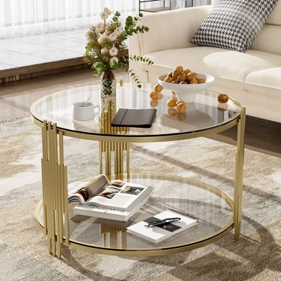 NicBex Coffee Table for Living Room Modern 31.5" Round Glass Coffee Table with Circular Metal Drum Base, Gold Finish & Lower Shelf