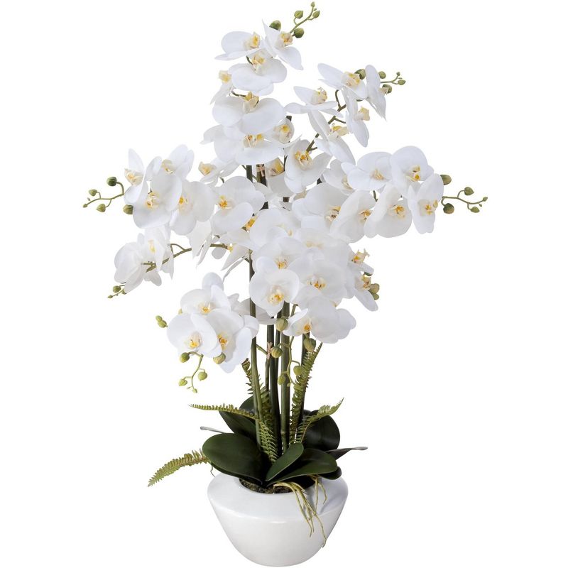 Dahlia Studios Potted Faux Artificial Flowers Realistic White Phalaenopsis Orchid in White Ceramic Pot Home Decoration 29" High, 1 of 7