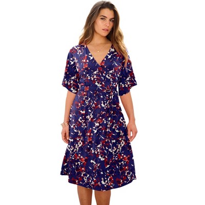 Roaman's Women's Plus Size Flutter Sleeve Faux Wrap Dress