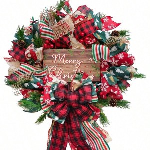 18 inch mesh wreath front door red green ribbon bow artificial indoor outdoor farmhouse home porch wall festival wedding decor - 1 of 4
