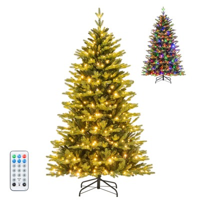 Tangkula 5/6/7 FT Pre-lit Artificial Christmas Tree Hinged Xmas Tree with 844/1168/1646 Branch Tips 250/350/470 Multi-color & Warm White LED Lights