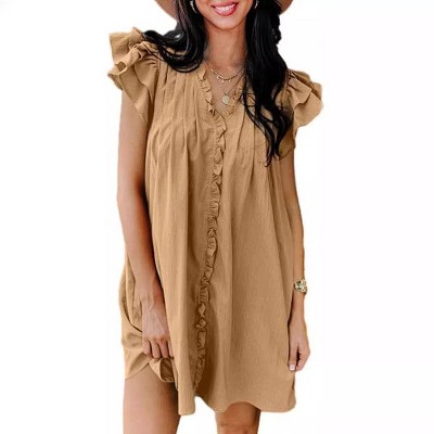 Coolmee Women Summer Mini Dress V Neck Ruffle Cap Short Sleeve Short Dress Casual Flowy Pleated A Line Sundress with Pockets
