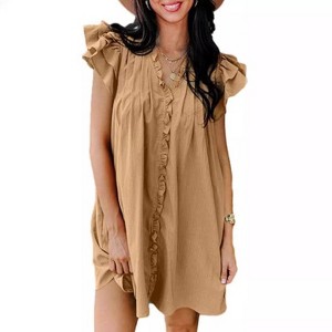 Coolmee Women Summer Mini Dress V Neck Ruffle Cap Short Sleeve Short Dress Casual Flowy Pleated A Line Sundress with Pockets - 1 of 4