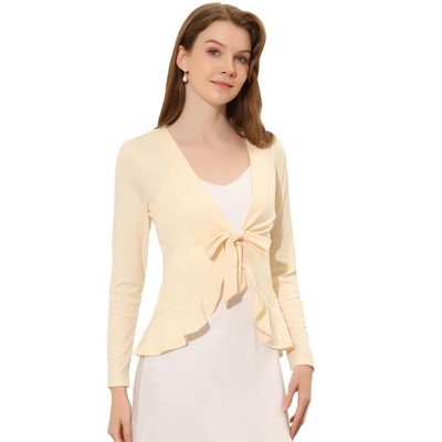 INSPIRE CHIC Women's Tie Front Long Sleeve Crop Ruffle Knit Cardigan Sweaters