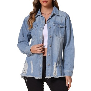 INSPIRE CHIC Women's Denim Oversized Frayed Hem Pockets Long Sleeve Button Down Jacket - 1 of 4