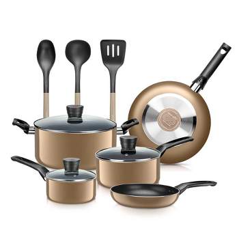 SereneLife 11 Piece Essential Home Heat Resistant Non Stick Kitchenware Cookware Set w/ Fry Pans, Sauce Pots, Dutch Oven Pot, and Kitchen Tools, Gold