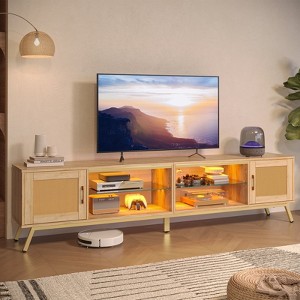 Bestier 80" TV Stand with LED for TVs up to 85", Rattan Mid Century Modern Entertainment Center, Natual Oak - 1 of 4