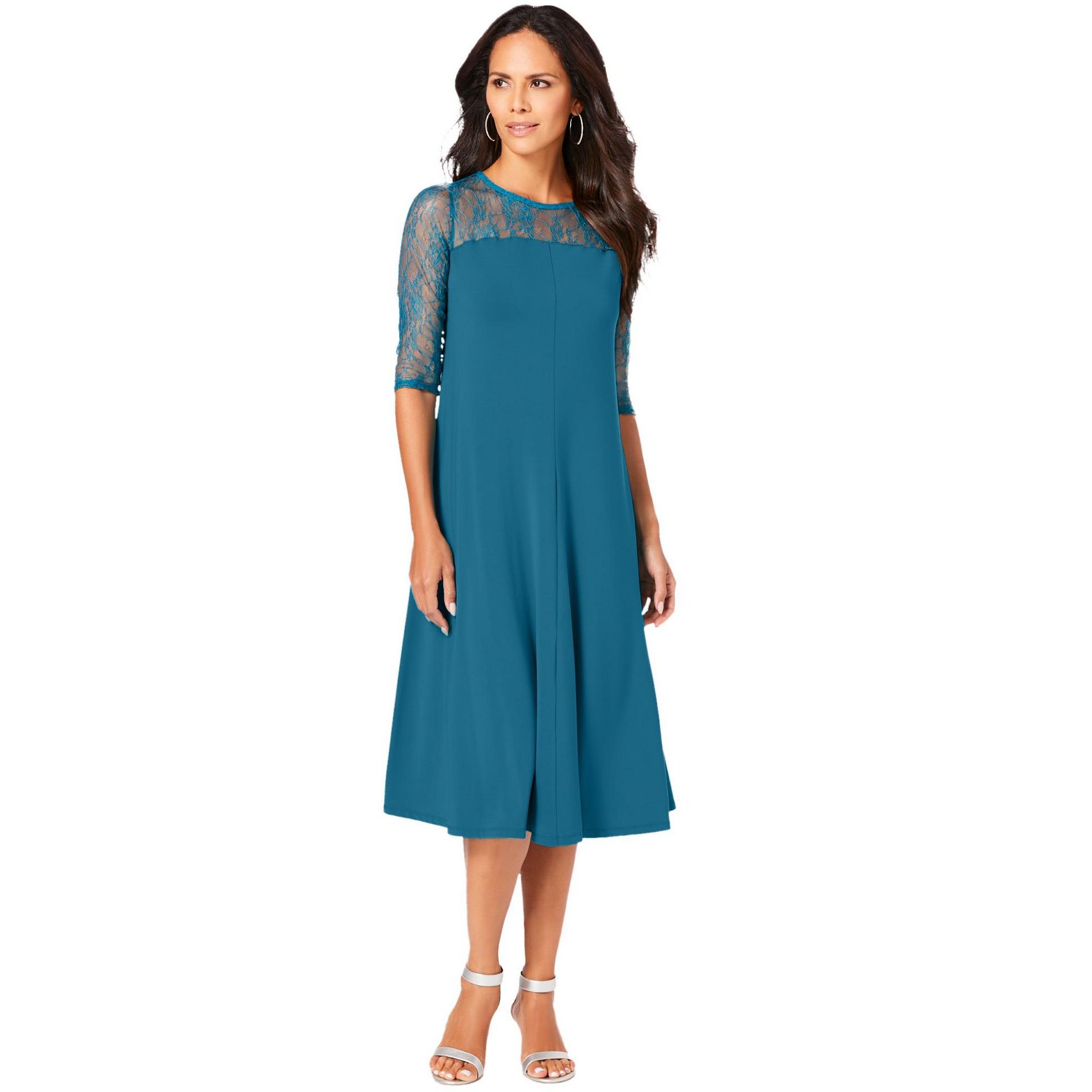 Roaman's Ultrasmooth Fabric Illusion Lace Swing Dress - 14/16, Deep Teal
