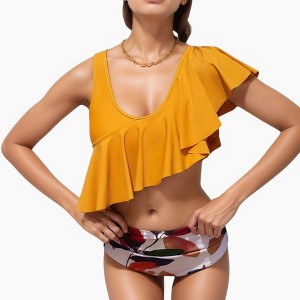 Anna-Kaci Swim Women's One Shoulder Ruffle Bikini Top with High Waist Abstract Print Bottom for a Bold and Flattering Swim Look - 1 of 4